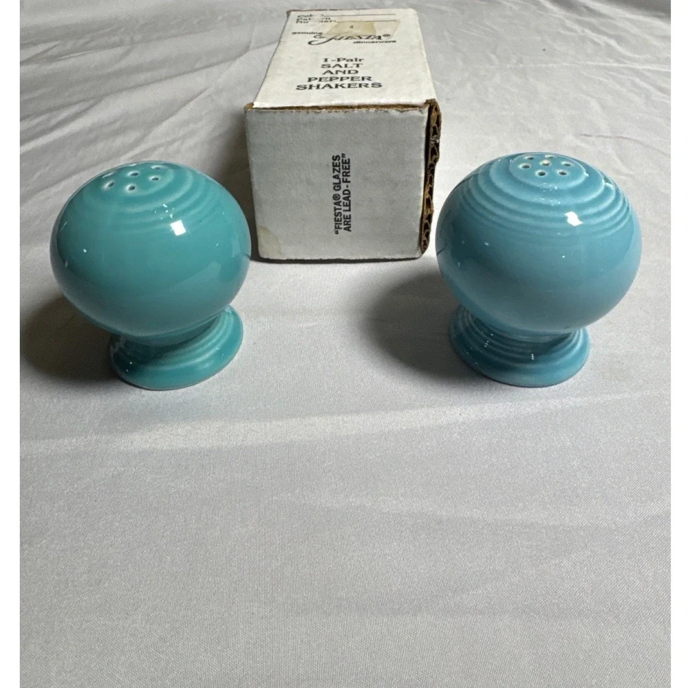 Fiesta Salt and Pepper Shakers Turquoise Excellent Art Deco Ceramic Set with Box
